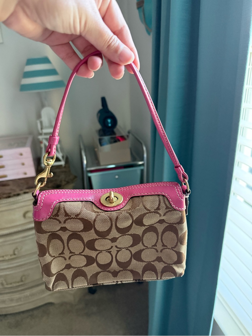 Coach Mini Wristlet in Brown Signature Canvas with Pink Trim